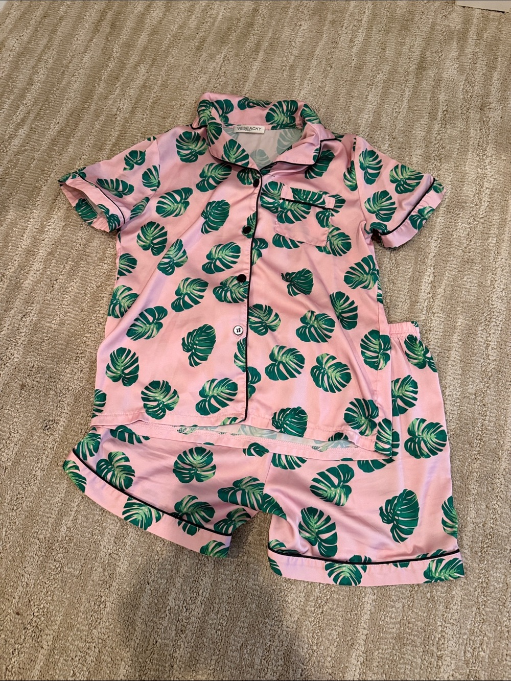Girls Pink Tropical Leaf Short Pajama Set with Green Print
